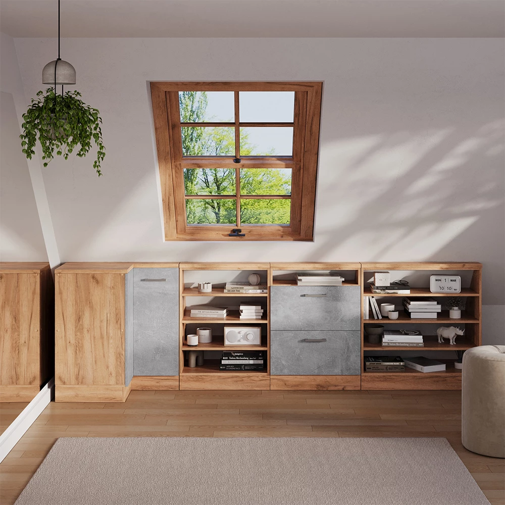 Dachschrägenschrank in Goldkraft Eiche auf weißem Hintergrund