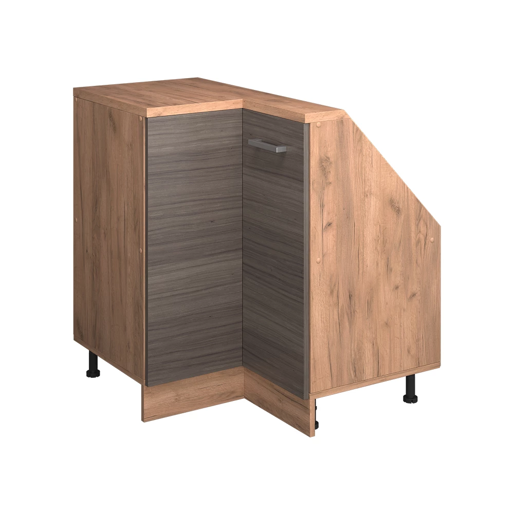 Skab til skrå væg Hjørneskab i farven Ædelgrå/gylden eg på hvid baggrund