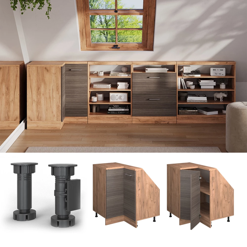 Skab til skrå væg Hjørneskab i farven Ædelgrå/gylden eg på hvid baggrund