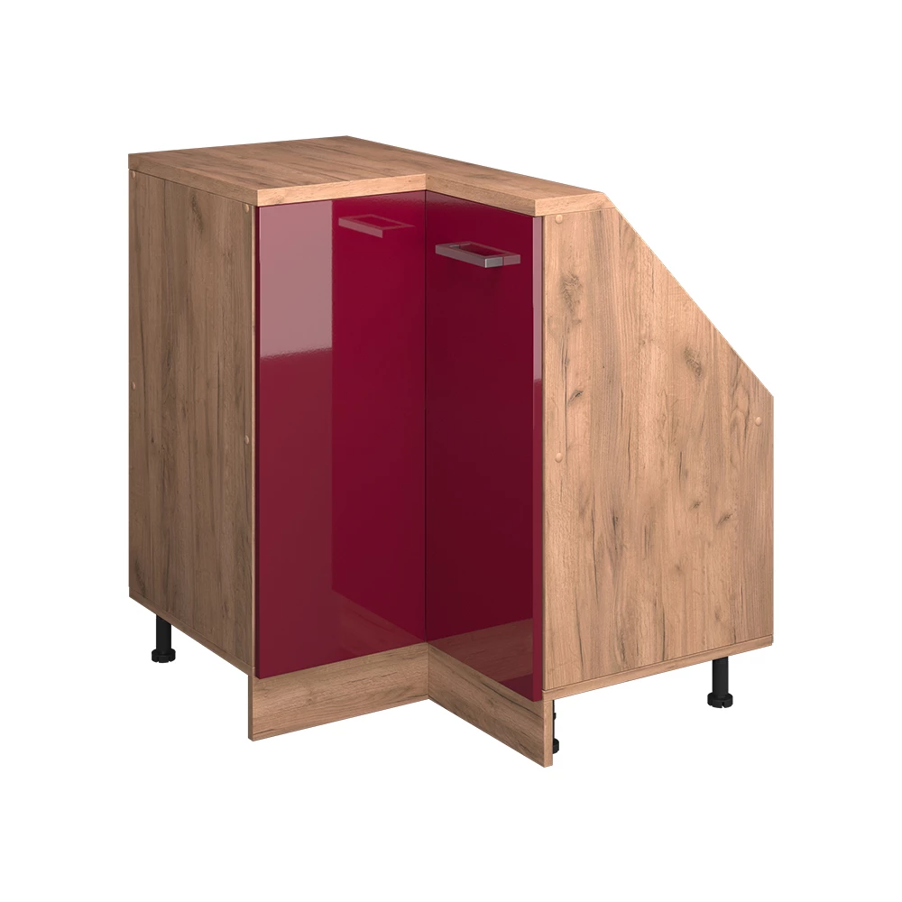Dachschrägenschrank Eckschrank in Rot Hochglanz/Goldkraft Eiche auf weißem Hintergrund