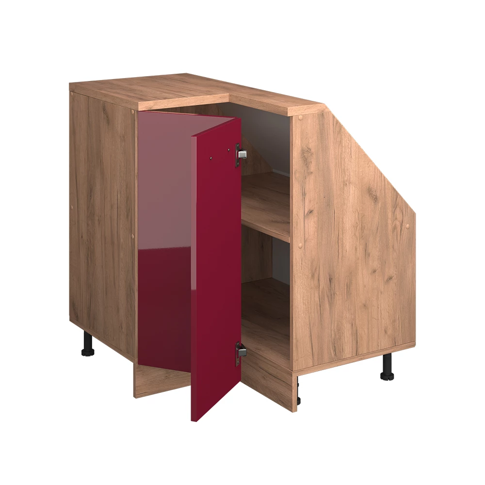 Nahaufnahme von Dachschrägenschrank Eckschrank in Rot Hochglanz/Goldkraft Eiche, zeigt Textur/Details