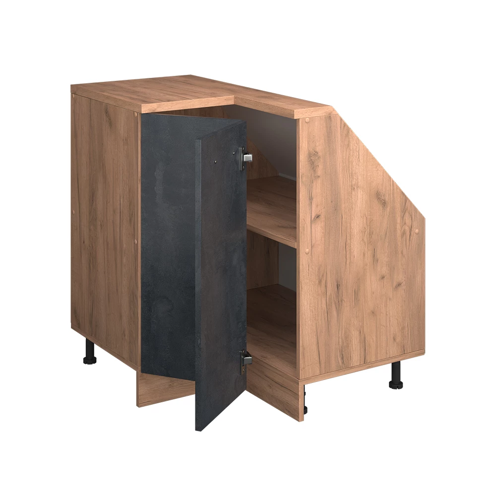 Nahaufnahme von Dachschrägenschrank Eckschrank in Schwarz Beton/Goldkraft Eiche, zeigt Textur/Details