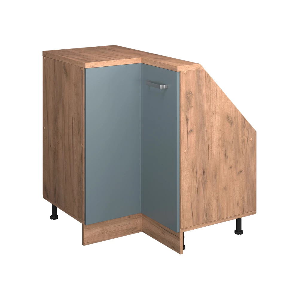 Dachschrägenschrank Eckschrank in Blau-Grau/Goldkraft Eiche auf weißem Hintergrund