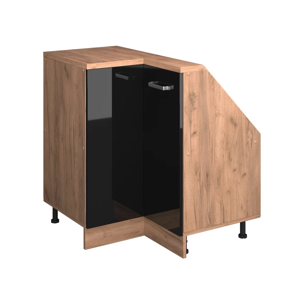 Dachschrägenschrank Eckschrank in Schwarz Hochglanz/Goldkraft Eiche auf weißem Hintergrund
