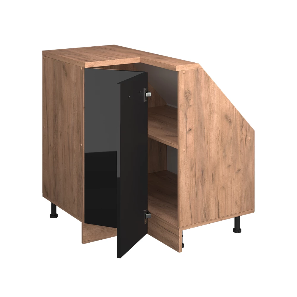 Nahaufnahme von Dachschrägenschrank Eckschrank in Schwarz Hochglanz/Goldkraft Eiche, zeigt Textur/Details