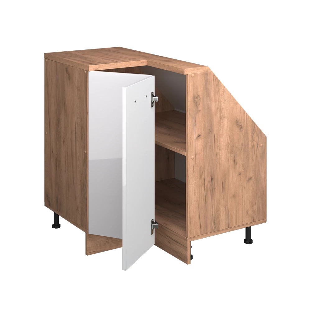 Nahaufnahme von Dachschrägenschrank Eckschrank in Weiß Hochglanz/Goldkraft Eiche, zeigt Textur/Details