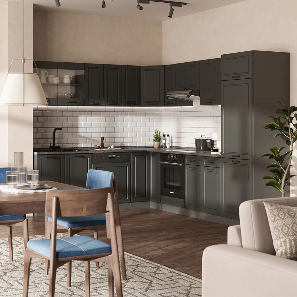 Cocina esquinera en Antracita casa de campo/antracita sobre fondo blanco