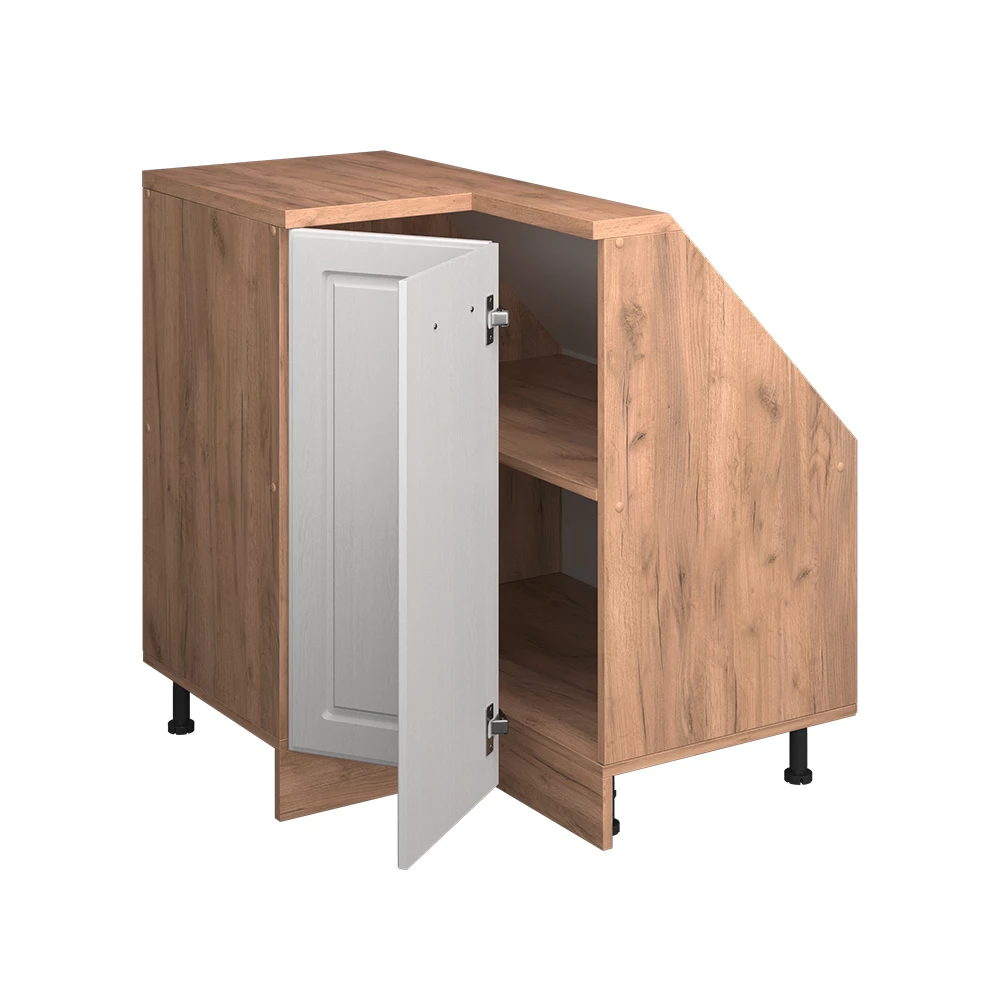Nahaufnahme von Dachschrägenschrank Eckschrank in Weiß Landhaus/Goldkraft Eiche, zeigt Textur/Details