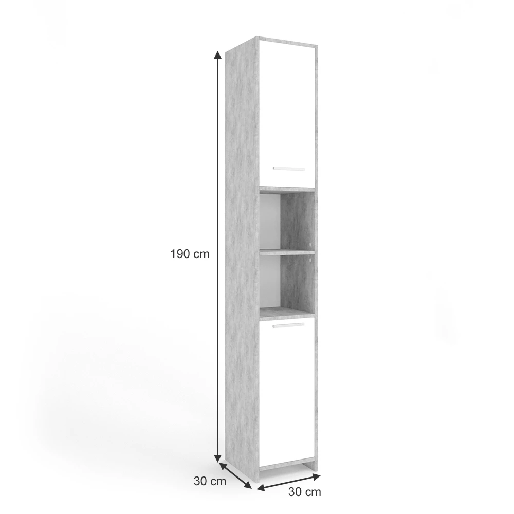 Koupelnová skříňka v barvě Beton na bílém pozadí s viditelnými rozměry