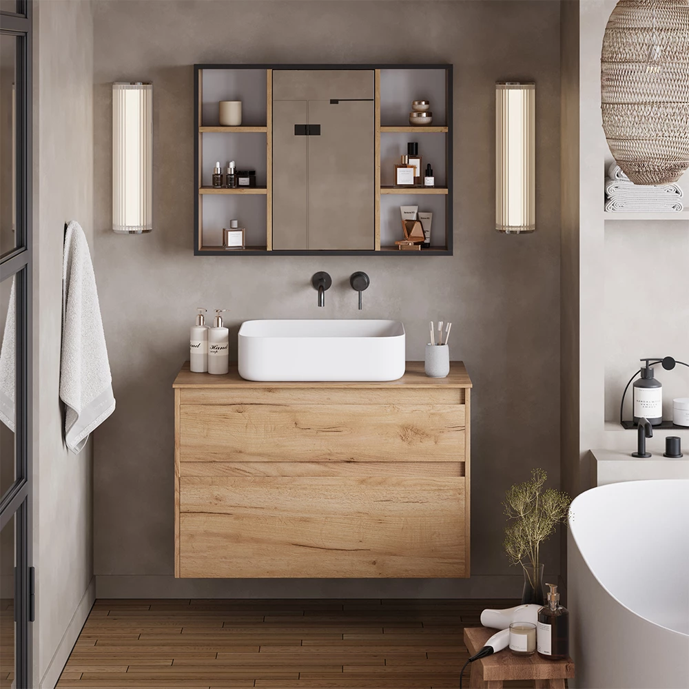Badspiegelschrank Stephan Goldkraft Eiche 80 x 59.2 cm mit Regalböden und Spiegeltür Vicco