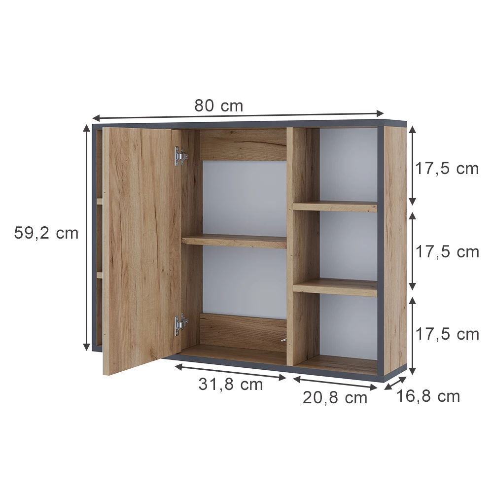 Badspiegelschrank in Goldkraft Eiche auf weißem Hintergrund mit sichtbaren Maßen