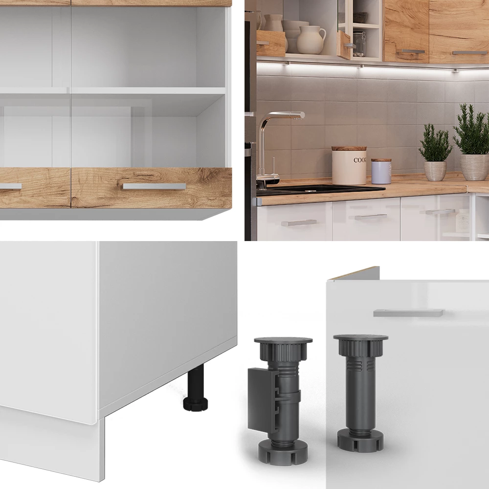 Gros plan de Cuisine en angle en Chêne doré/blanc, montrant la texture/les détails