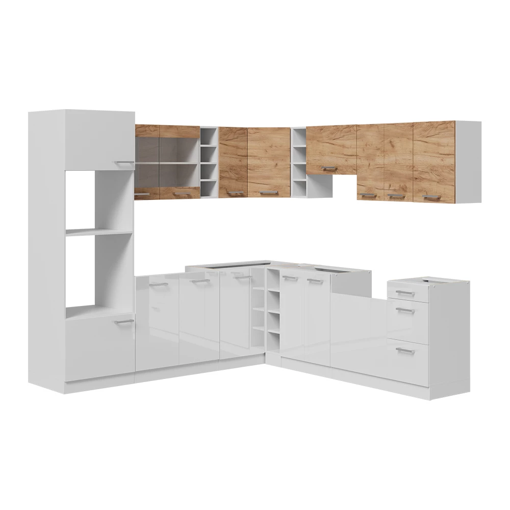 Gros plan de Cuisine en angle en Chêne doré/blanc, montrant le design et les détails de surface