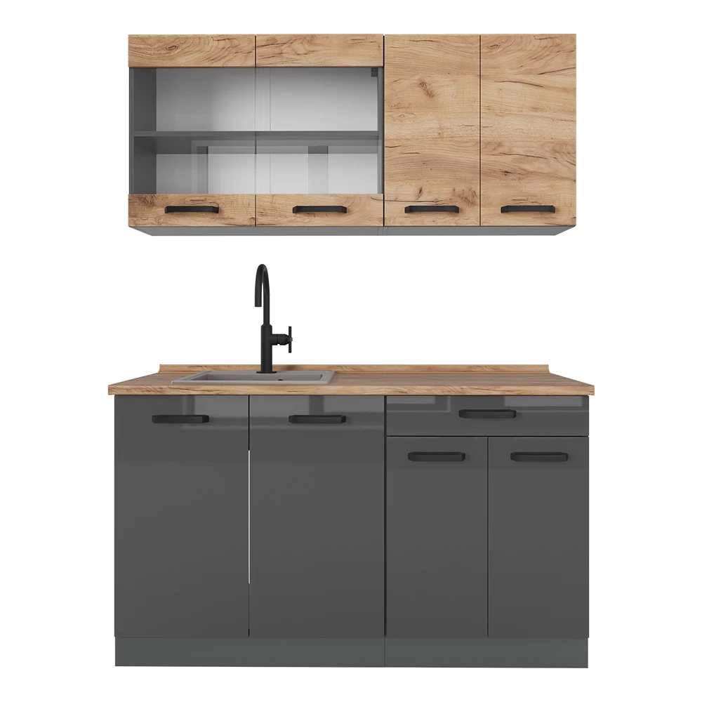 Jednotková kuchyně v barvě Zlatý dub power/antracit na bílém pozadí