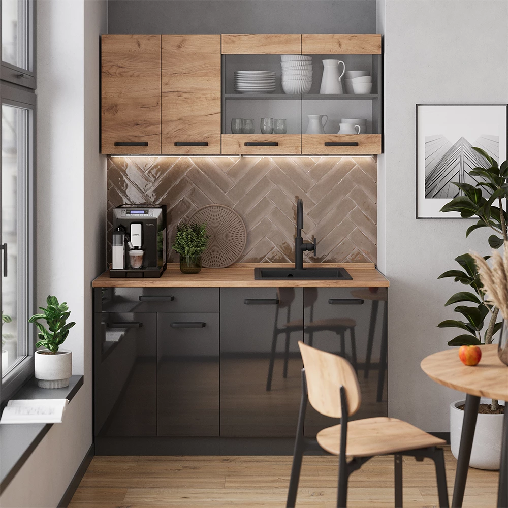 Jednotková kuchyně v barvě Zlatý dub power/antracit na bílém pozadí