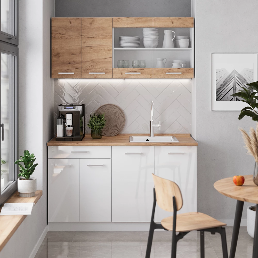 Bucătărie simplă in Stejar Goldkraft/alb on white background