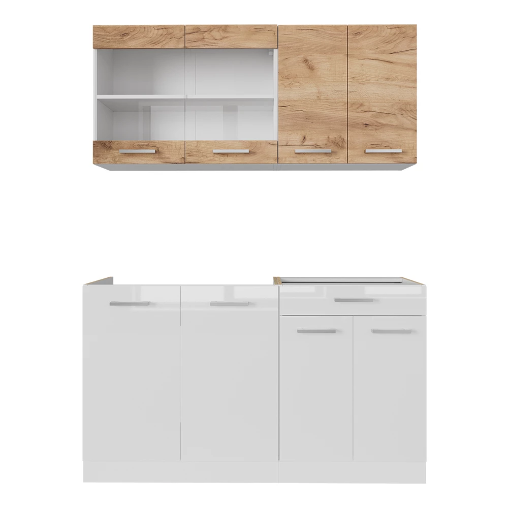 Close-up of Cucina monoblocco in Quercia dorata/bianco, showing design and surface details