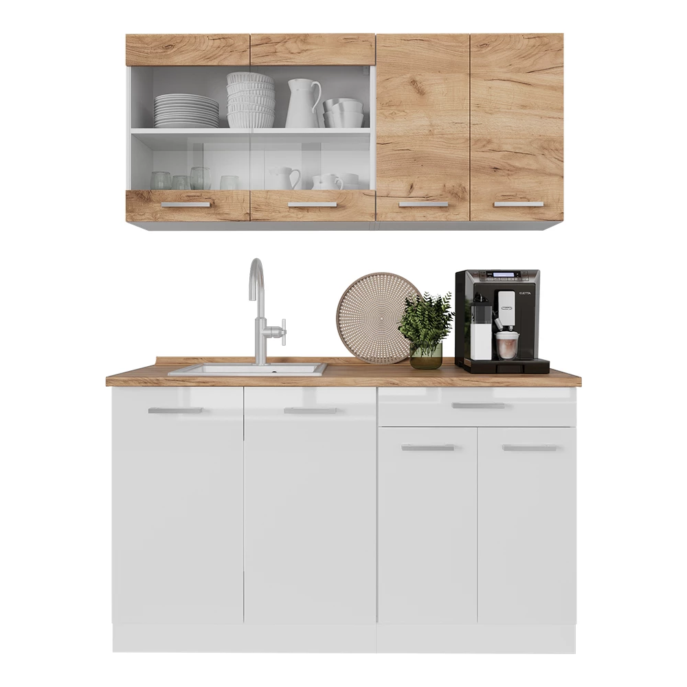 Cucina monoblocco in Quercia dorata/bianco on white background with decorative elements