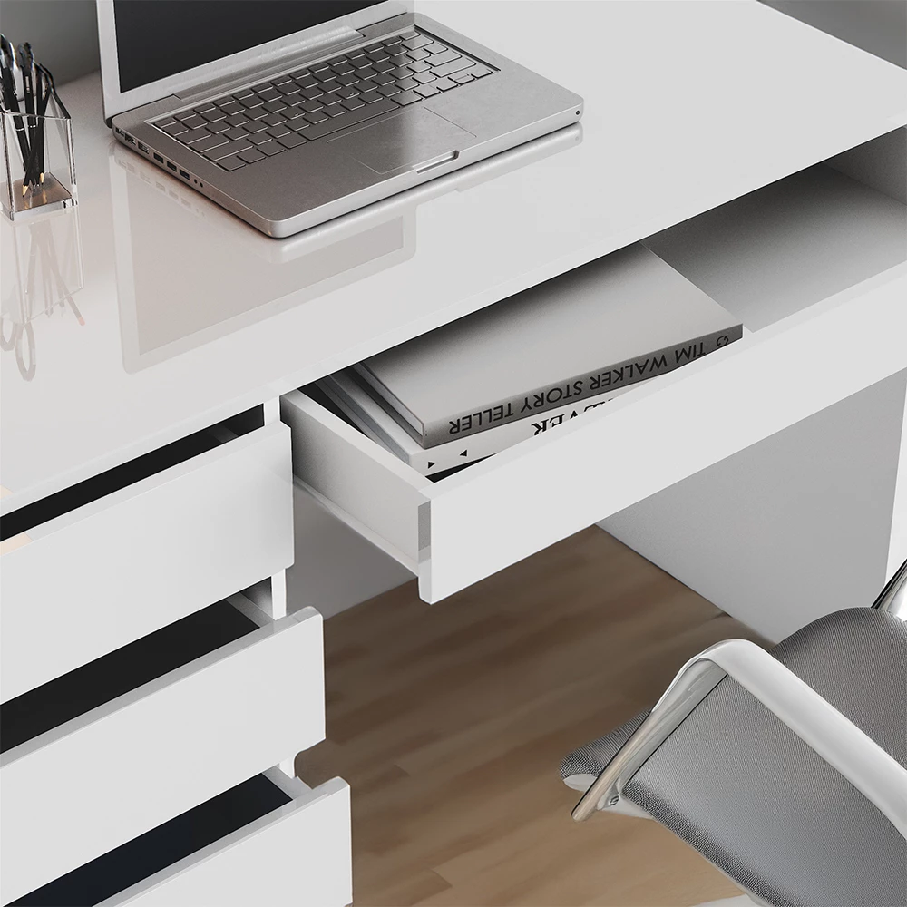 Nahaufnahme von Schreibtisch in Weiß, zeigt Textur/Details