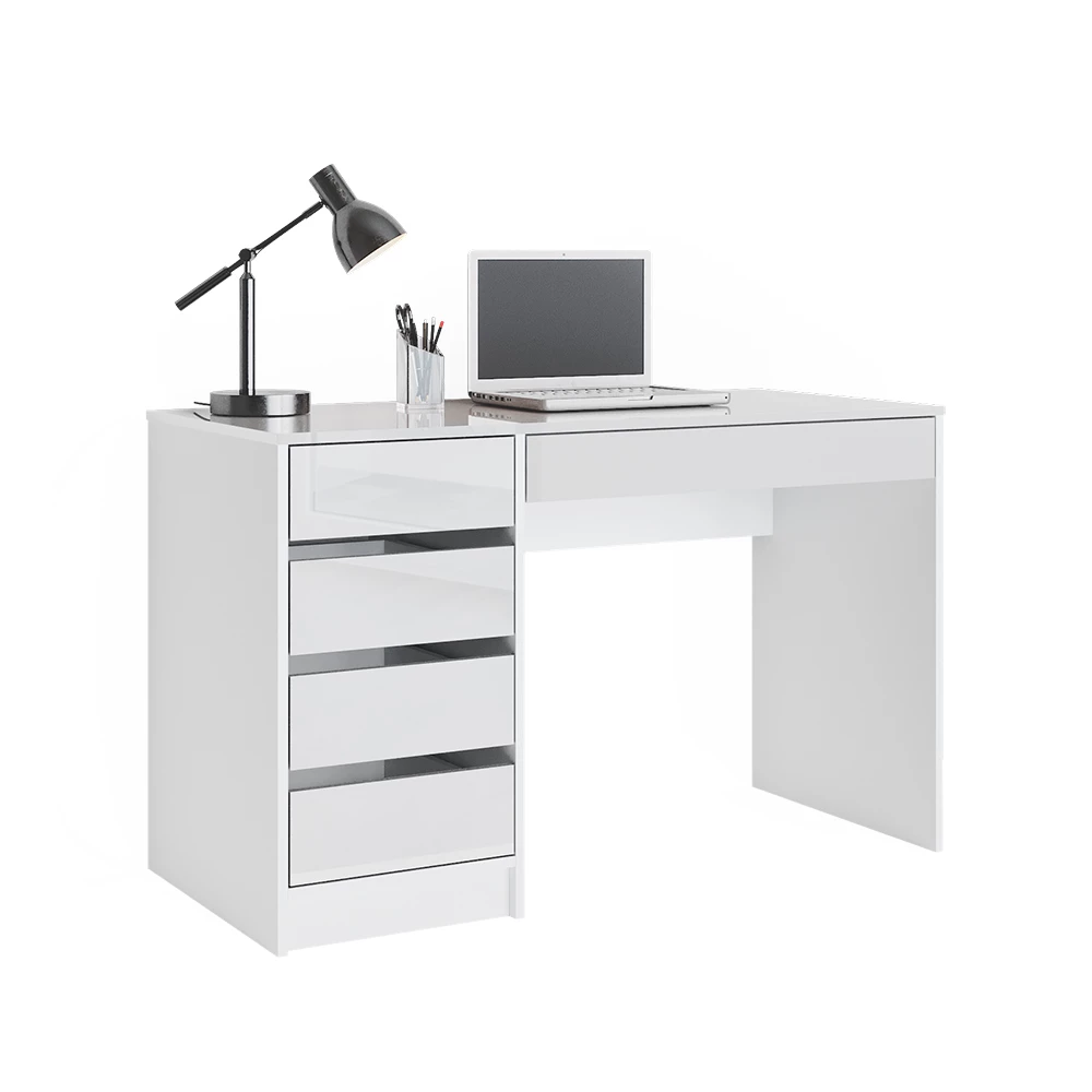 Schreibtisch in Weiß auf weißem Hintergrund mit dekorativen Elementen