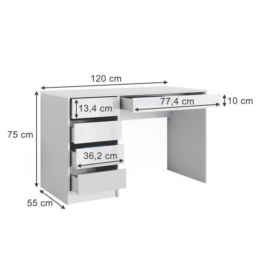 Schreibtisch in Weiß auf weißem Hintergrund mit sichtbaren Maßen