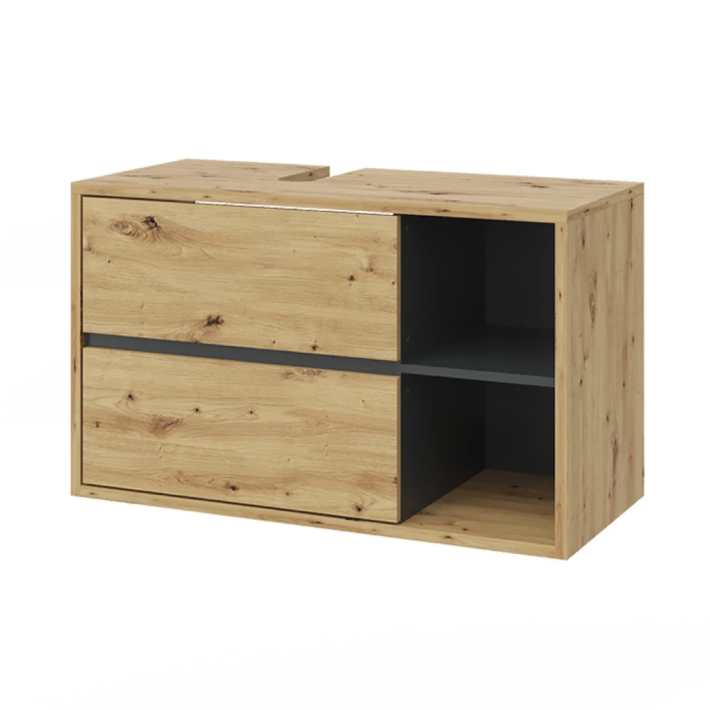 Waschbeckenunterschrank in Artisan-Eiche auf weißem Hintergrund