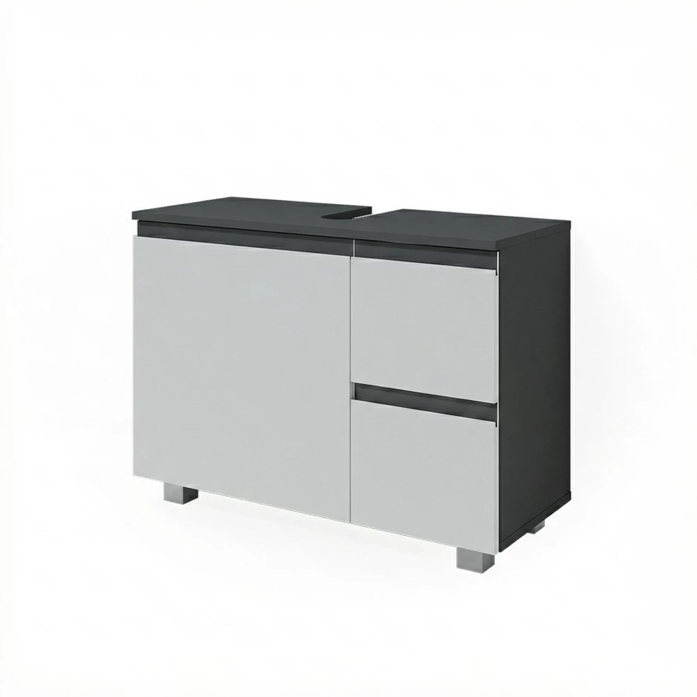 Waschbeckenunterschrank in Anthrazit/Weiß auf weißem Hintergrund