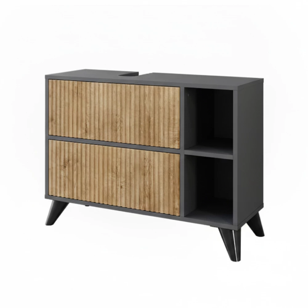 Waschbeckenunterschrank in Anthrazit/Bergeiche auf weißem Hintergrund