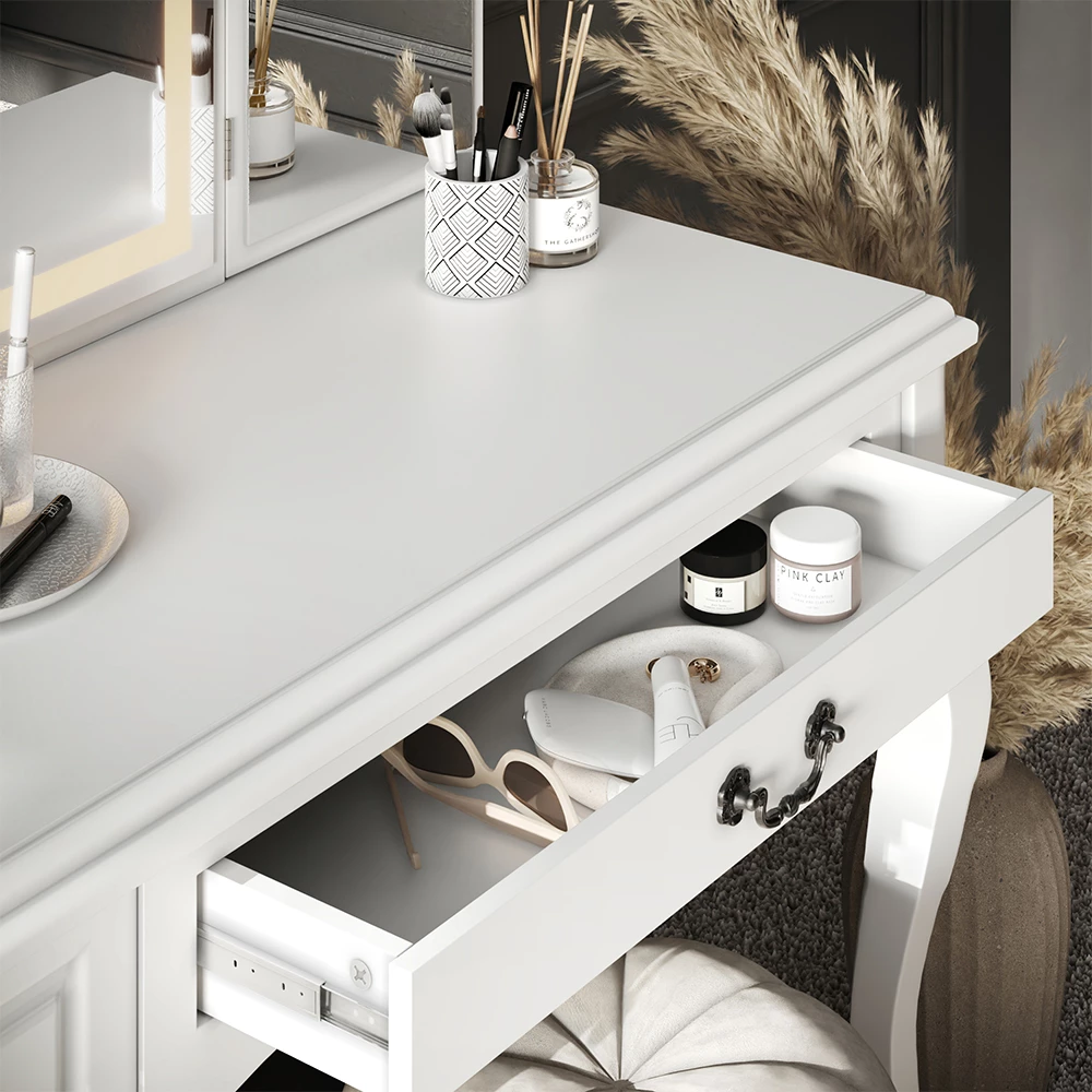 Nahaufnahme von Schminktisch in Weiß, zeigt Textur/Details