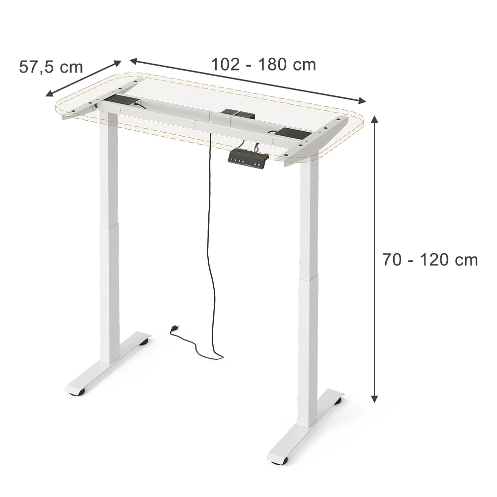 Elektrisches höhenverstellbares Schreibtischgestell in Weiß auf weißem Hintergrund
