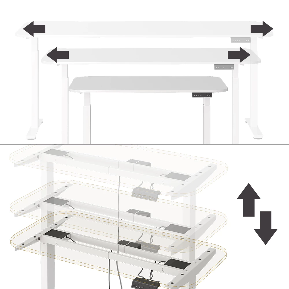Nahaufnahme von Elektrisches höhenverstellbares Schreibtischgestell in Weiß, zeigt Design- und Oberflächendetails