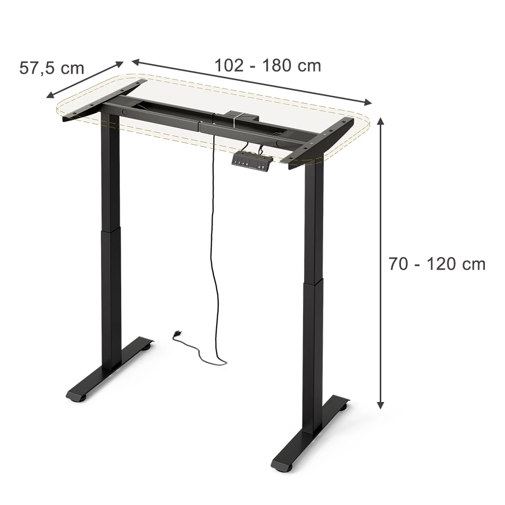 Elektrisches höhenverstellbares Schreibtischgestell in Anthrazit auf weißem Hintergrund