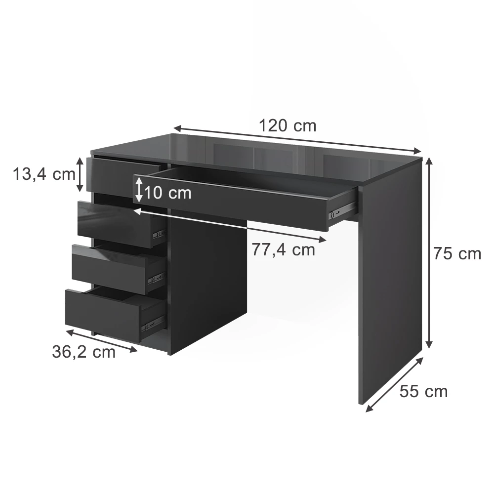 Schreibtisch in Anthrazit Hochglanz auf weißem Hintergrund mit sichtbaren Maßen