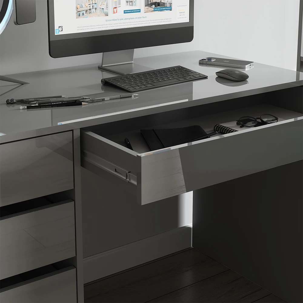 Nahaufnahme von Schreibtisch in Grau Hochglanz, zeigt Textur/Details