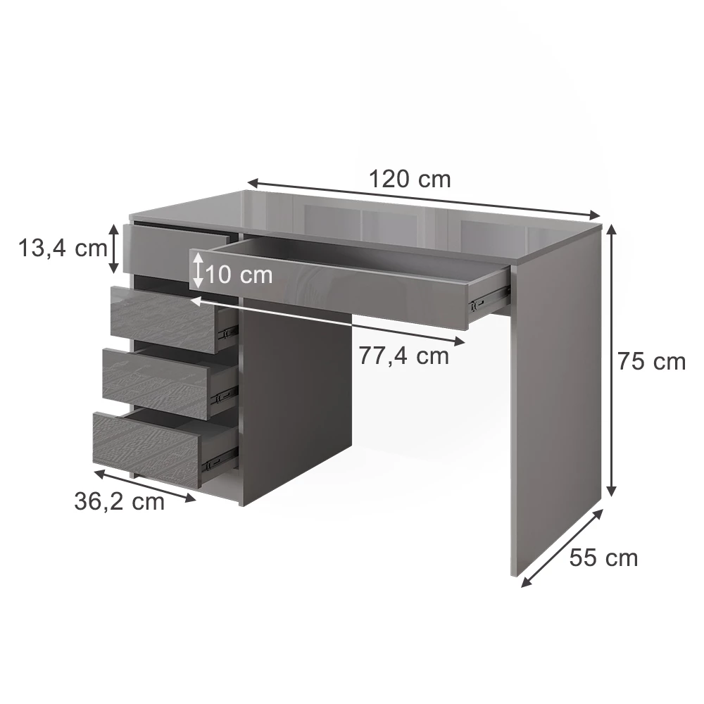 Schreibtisch in Grau Hochglanz auf weißem Hintergrund mit sichtbaren Maßen