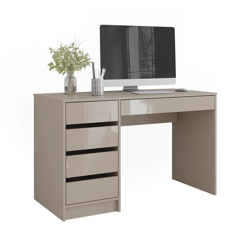 Schreibtisch in Greige Hochglanz auf weißem Hintergrund mit dekorativen Elementen