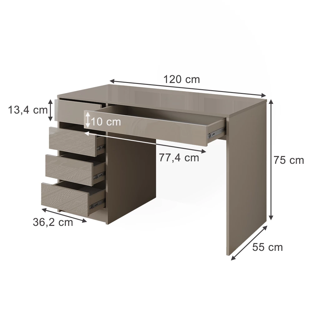 Schreibtisch in Greige Hochglanz auf weißem Hintergrund mit sichtbaren Maßen