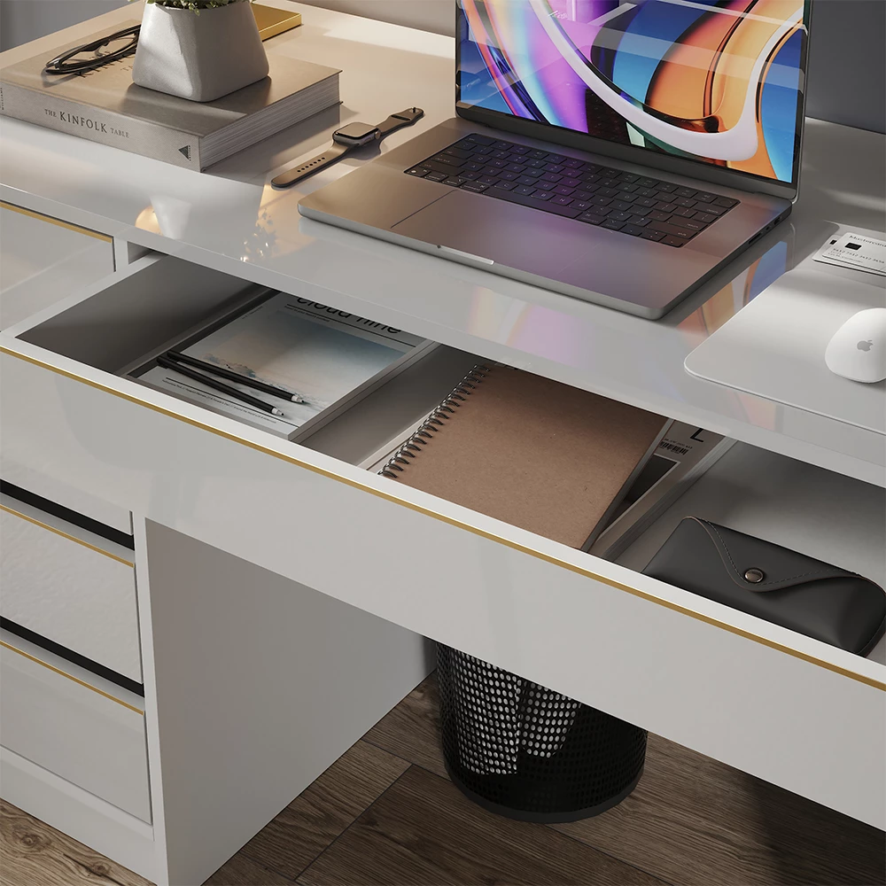 Nahaufnahme von Schreibtisch in Weiß Hochglanz, zeigt Textur/Details