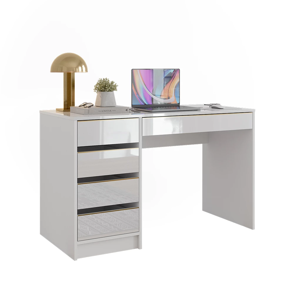 Schreibtisch in Weiß Hochglanz auf weißem Hintergrund mit dekorativen Elementen