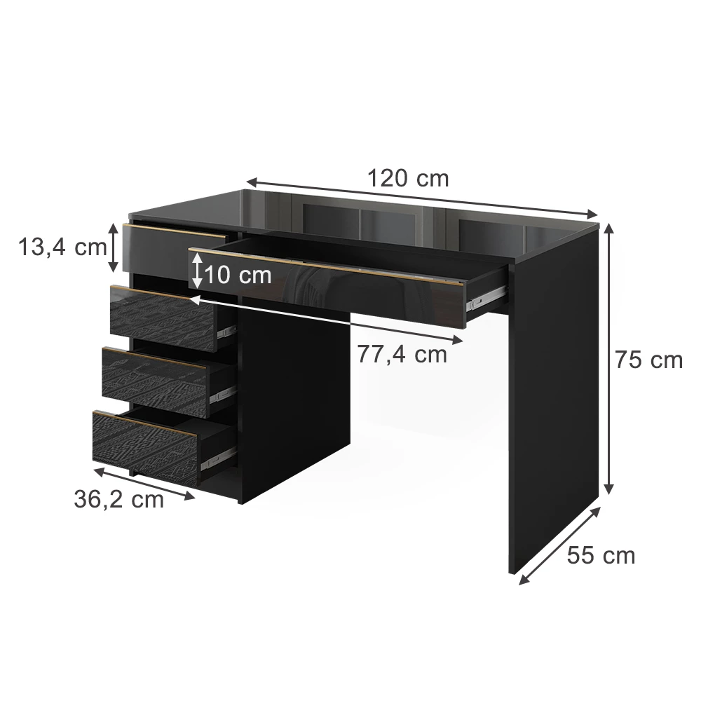 Schreibtisch in Schwarz Hochglanz auf weißem Hintergrund mit sichtbaren Maßen