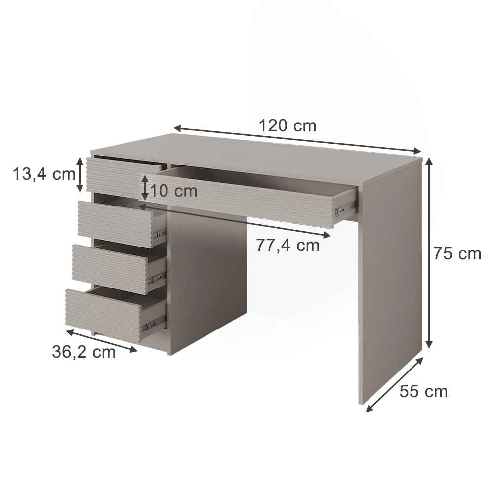 Schreibtisch in Cashmere auf weißem Hintergrund mit sichtbaren Maßen