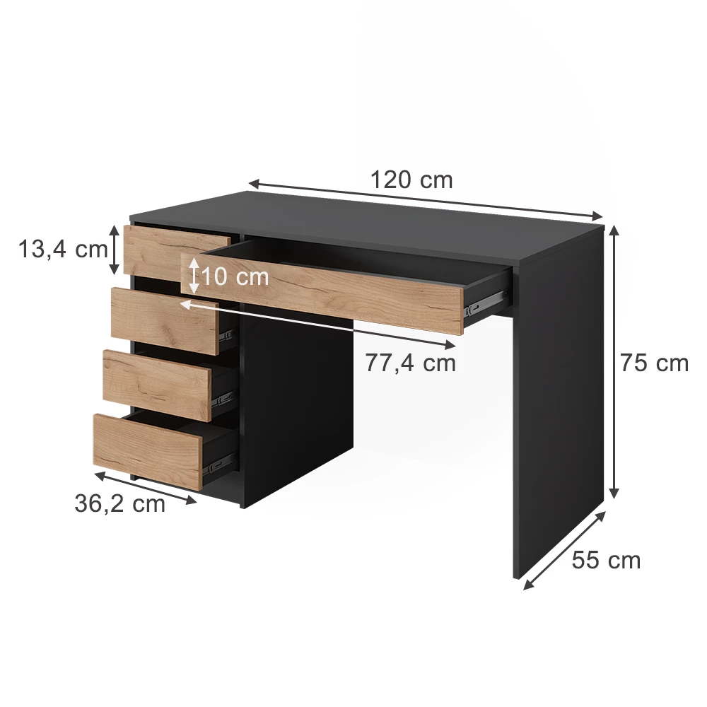 Schreibtisch in Anthrazit/Goldkraft Eiche auf weißem Hintergrund mit sichtbaren Maßen