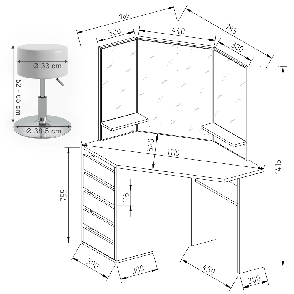 Eckschminktisch in Weiß auf weißem Hintergrund mit sichtbaren Maßen