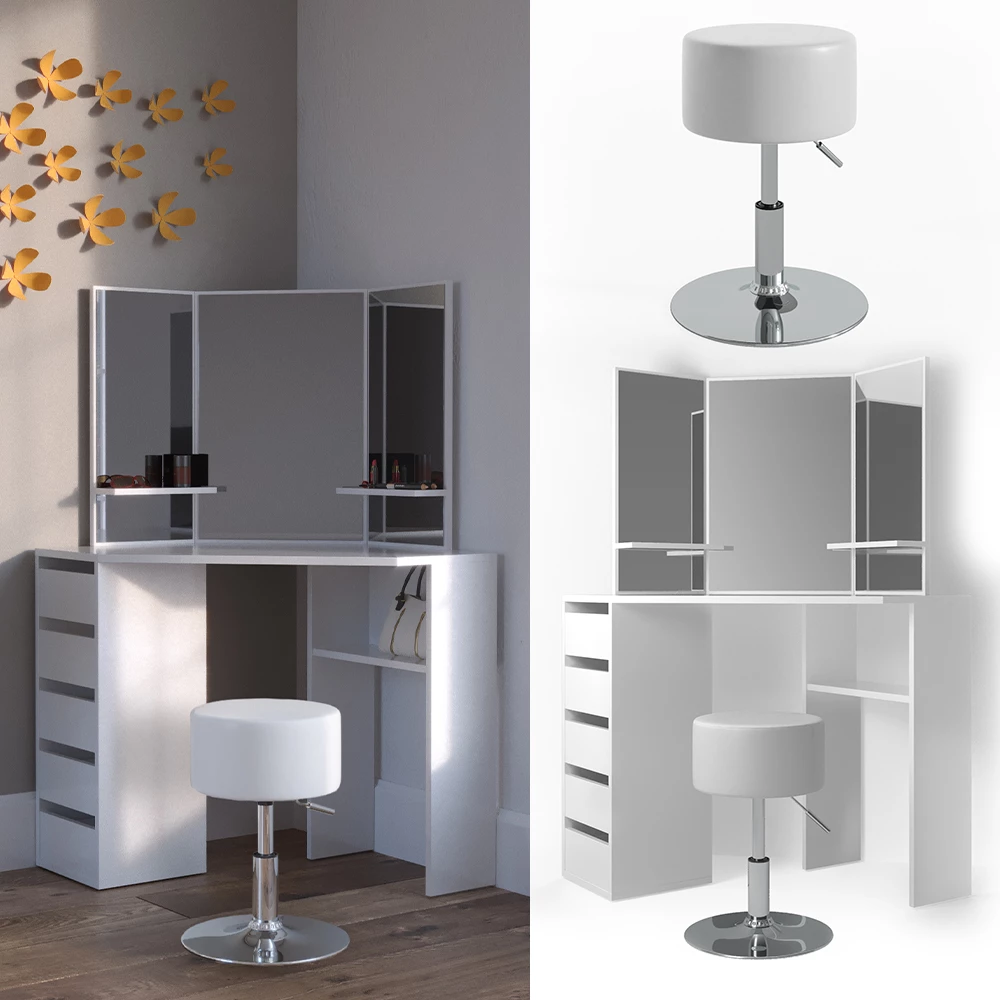 Eckschminktisch in Weiß, dargestellt im Ambiente und auf weißem Hintergrund