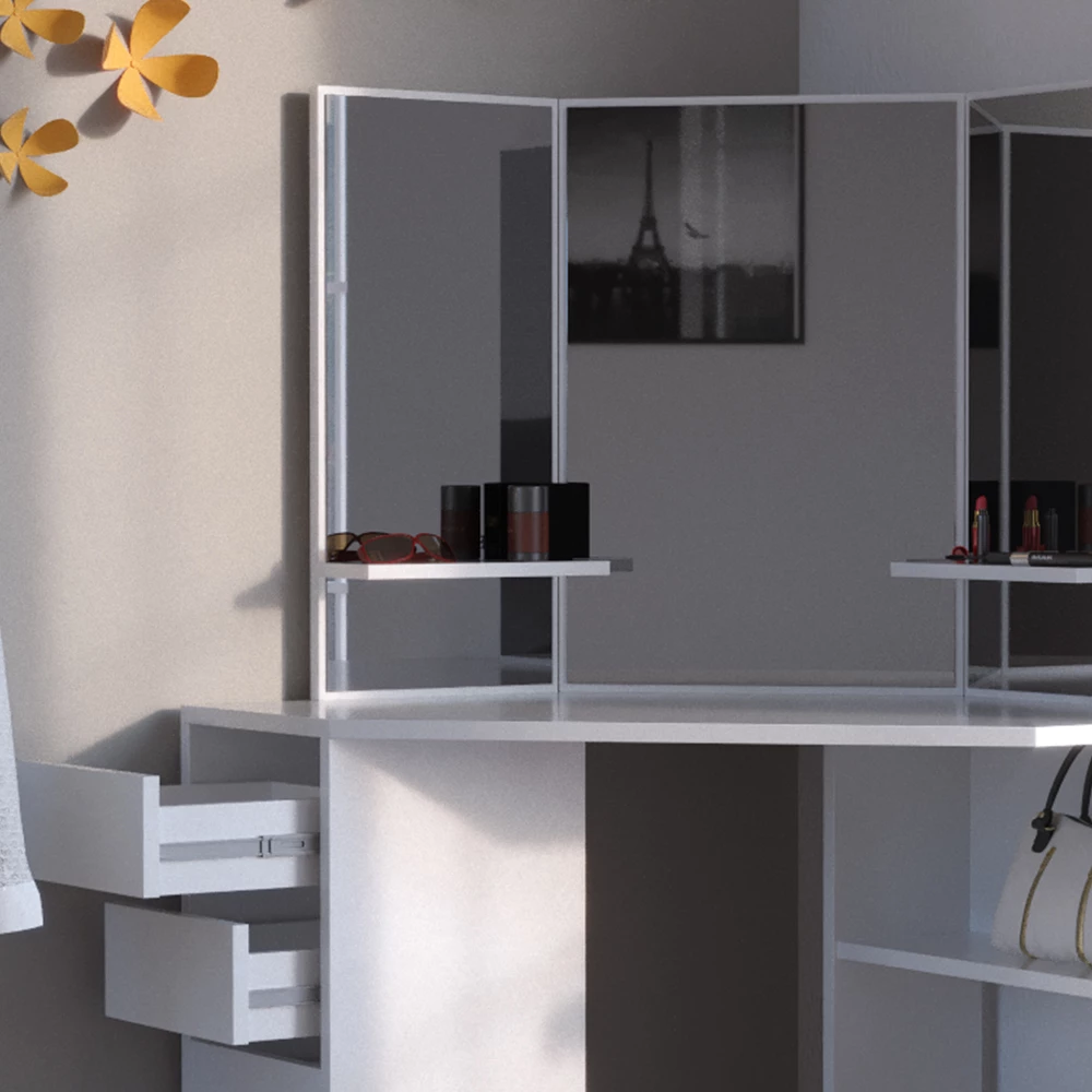 Nahaufnahme von Eckschminktisch in Weiß, zeigt Textur/Details