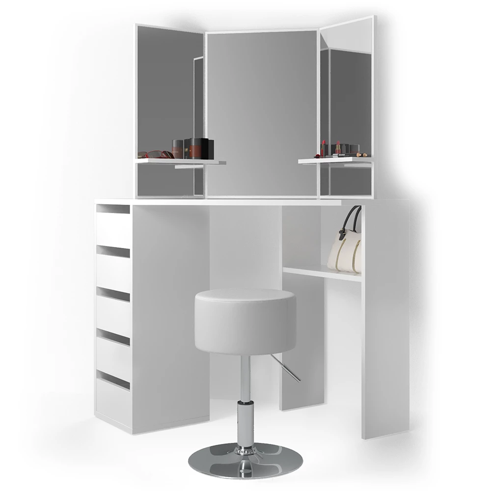 Eckschminktisch in Weiß auf weißem Hintergrund mit dekorativen Elementen