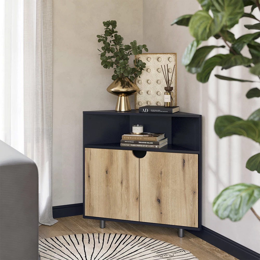 Credenza in Antracite/quercia shown in ambient setting with decoration