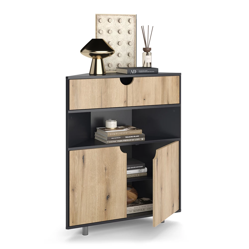 Credenza in Antracite/quercia on white background with decorative elements