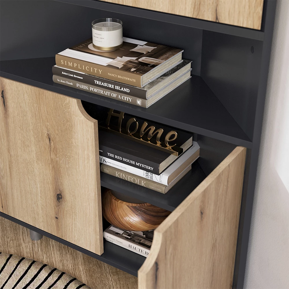Close-up of Credenza in Antracite/quercia, showing texture/details
