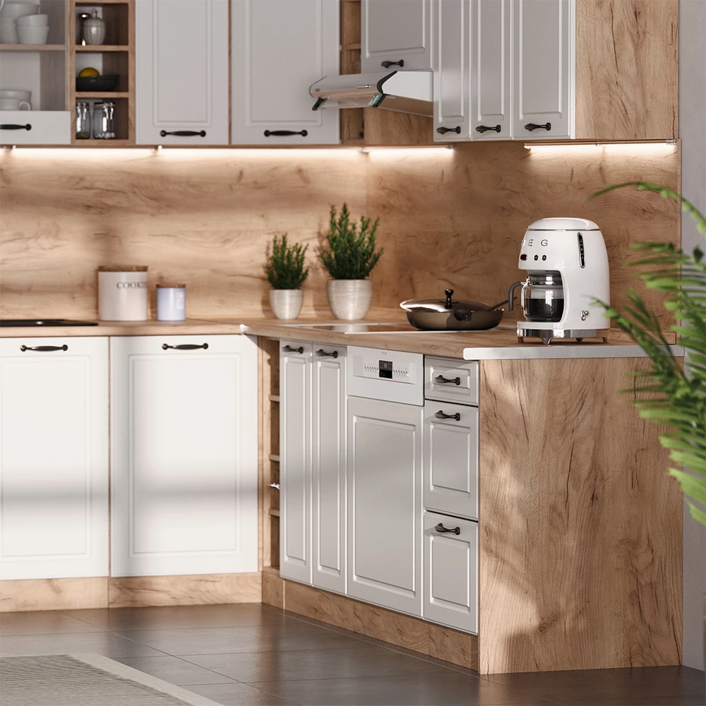 Panneaux latéraux pour le meuble bas en Chêne de force doré, présenté dans un décor ambiant avec décoration